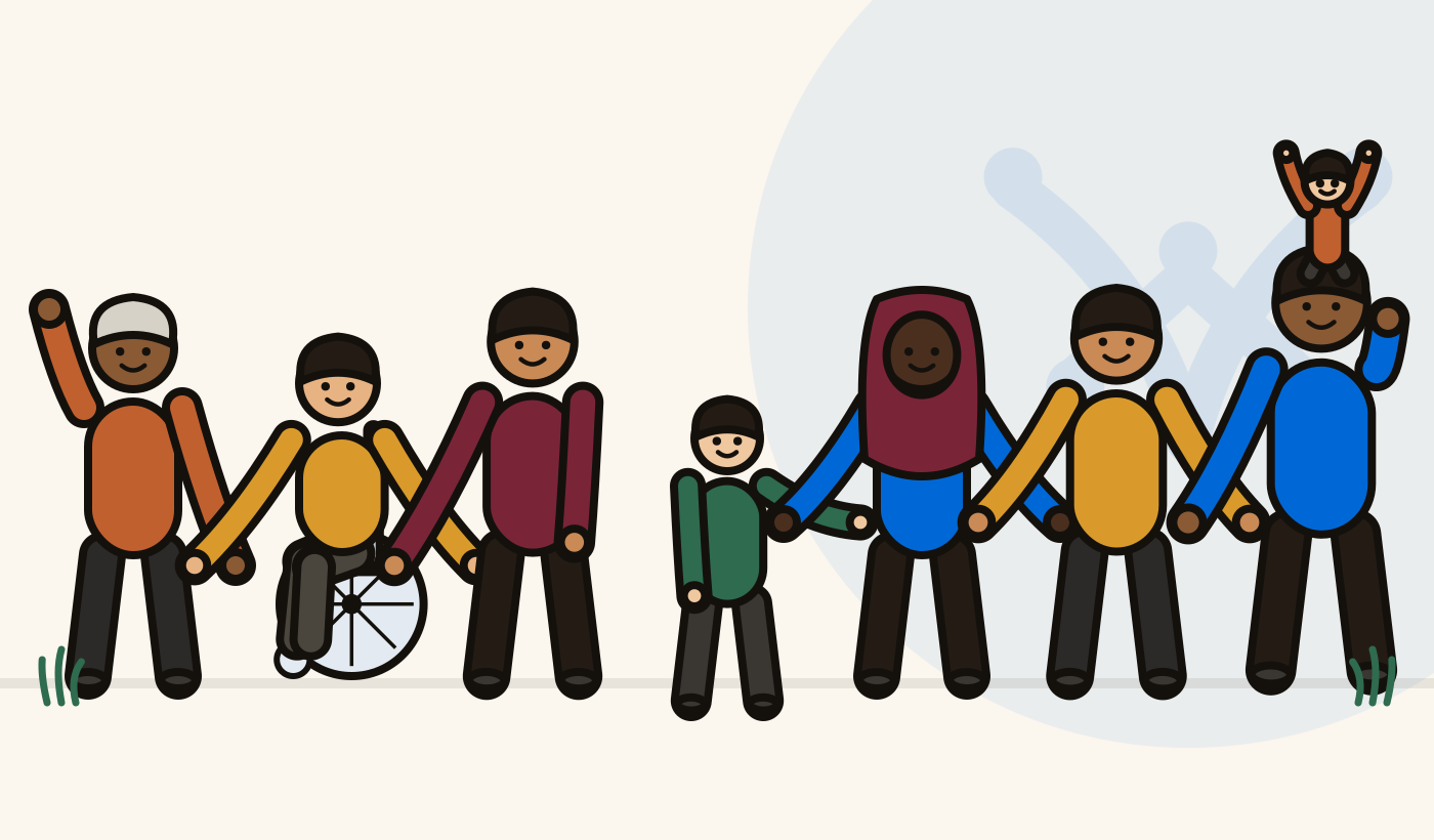 Illustration of a diverse community holding hands, including a wheelchair user, a hijab-wearing woman, and a child riding on shoulders